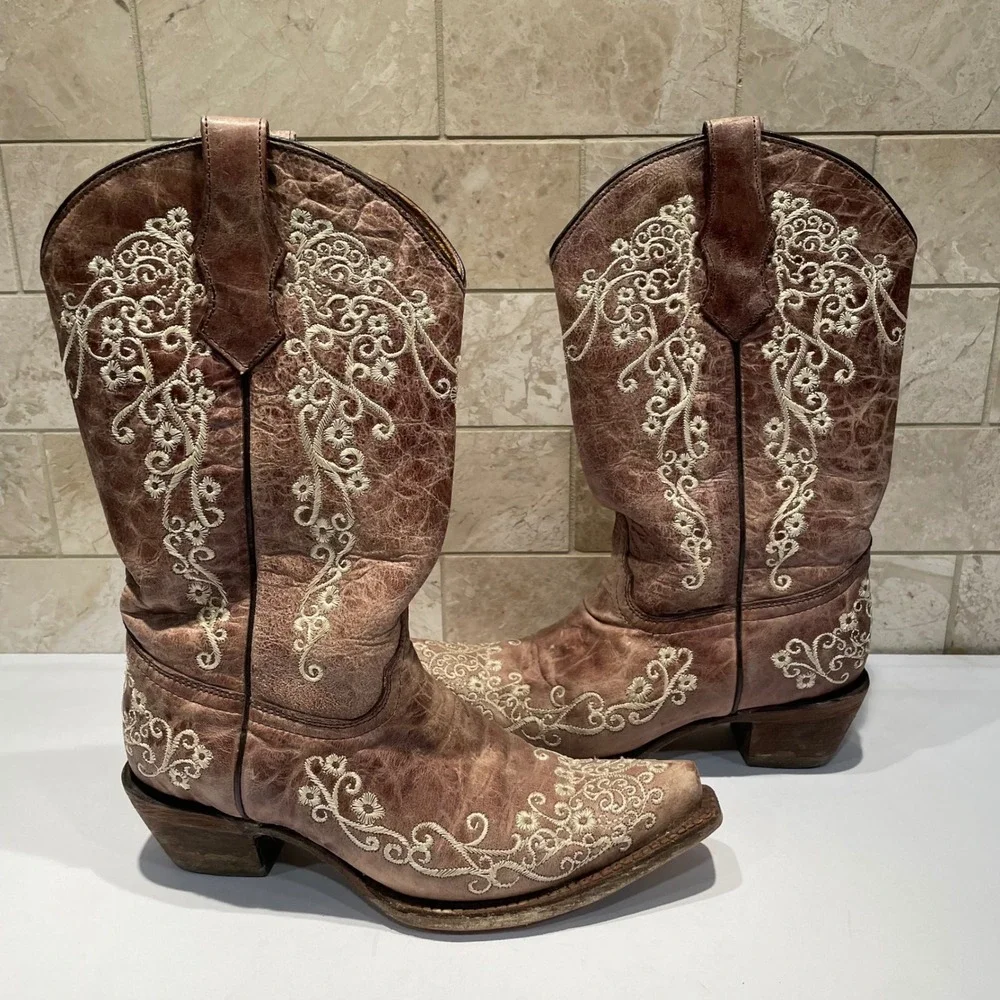 Corral Teens Brown Embroidered Floral Leather Western Cowboy Boots Size‎ 4
